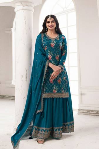 Blue chinon semi stitched suit with embroidery & sequence work