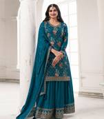 Blue chinon semi stitched suit with embroidery & sequence work