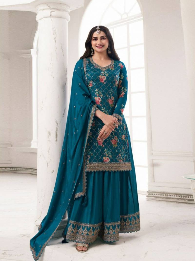 Blue chinon semi stitched suit with embroidery & sequence work