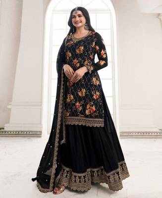 Black chinon semi stitched suit with embroidery & sequence work 1