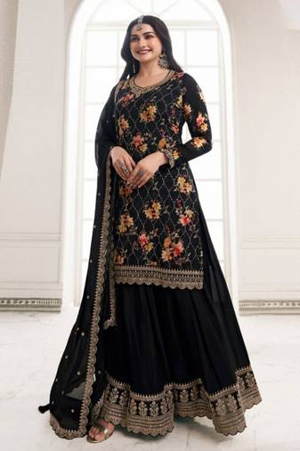 Black chinon semi stitched suit with embroidery & sequence work