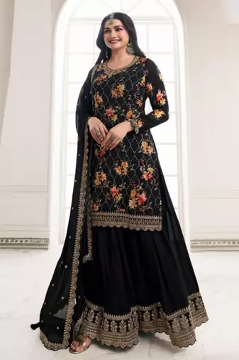 Black chinon semi stitched suit with embroidery & sequence work