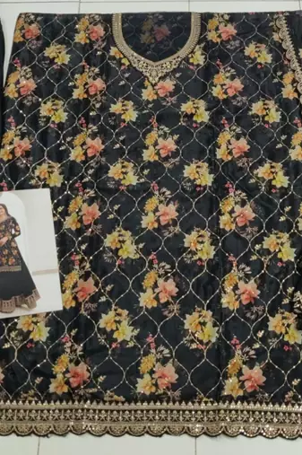 Black chinon semi stitched suit with embroidery & sequence work