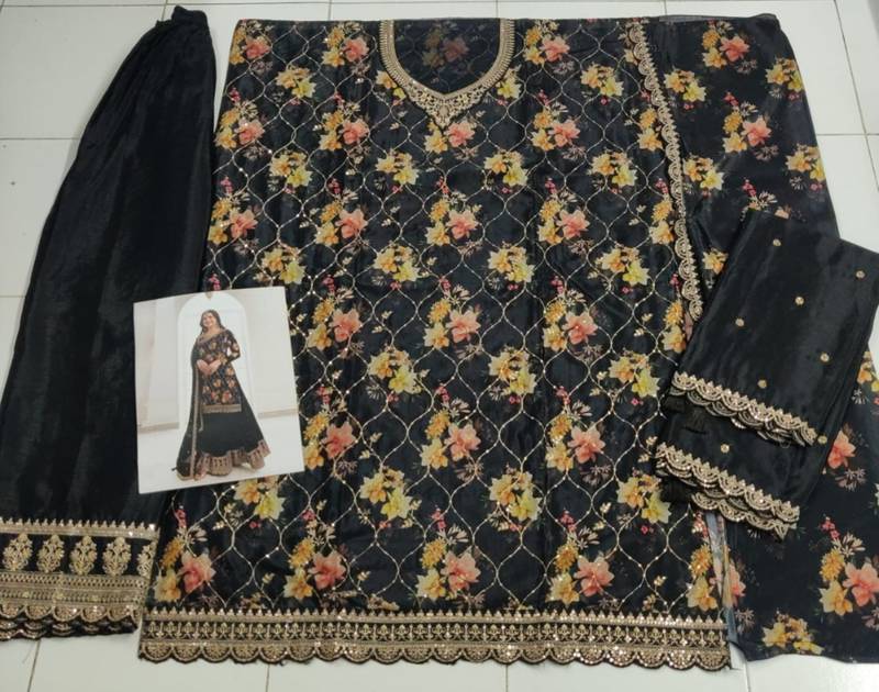 Black chinon semi stitched suit with embroidery & sequence work