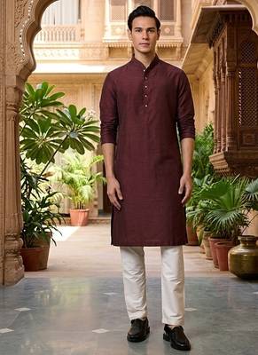 Buy elegant copper wine color silk men's kurta set with off-white pants 1
