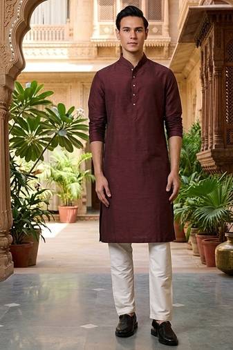 Buy elegant copper wine color silk men's kurta set with off-white pants
