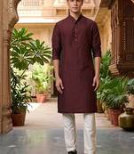 Buy elegant copper wine color silk men's kurta set with off-white pants