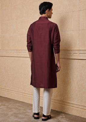 Buy elegant copper wine color silk men's kurta set with off-white pants 2