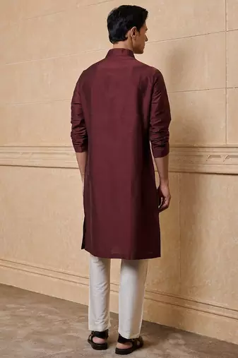Buy elegant copper wine color silk men's kurta set with off-white pants