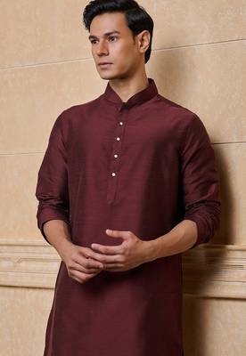 Buy elegant copper wine color silk men's kurta set with off-white pants 3