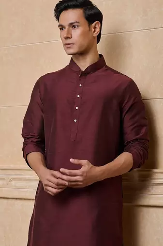 Buy elegant copper wine color silk men's kurta set with off-white pants
