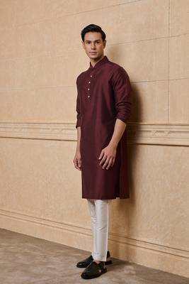 Buy elegant copper wine color silk men's kurta set with off-white pants 4