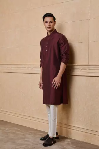 Buy elegant copper wine color silk men's kurta set with off-white pants