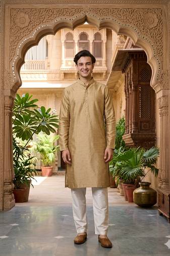 Buy elegant gold color silk men's kurta set with off-white pants