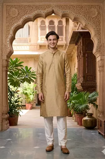 Buy elegant gold color silk men's kurta set with off-white pants