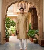 Buy elegant gold color silk men's kurta set with off-white pants