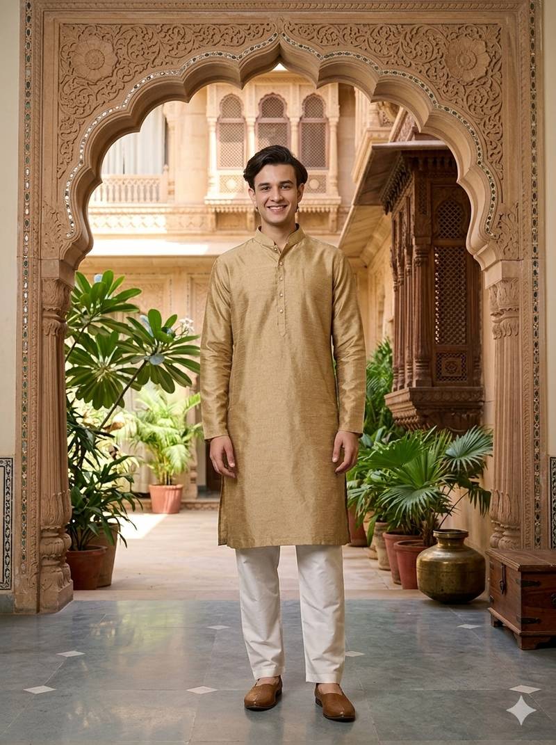 Buy elegant gold color silk men's kurta set with off-white pants