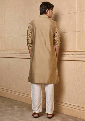 Buy elegant gold color silk men's kurta set with off-white pants 2