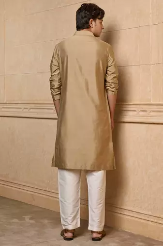 Buy elegant gold color silk men's kurta set with off-white pants