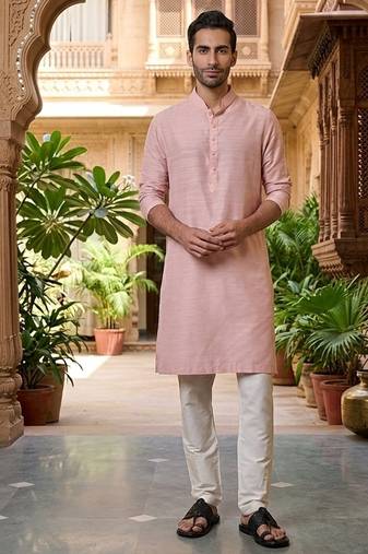 Buy elegant light pink silk men's kurta set with off-white pants