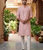 Buy elegant light pink silk men's kurta set with off-white pants