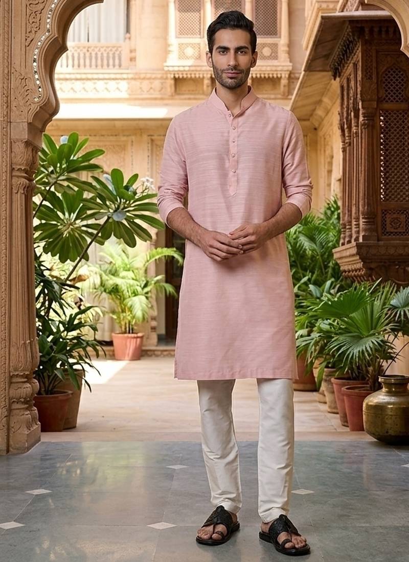 Buy elegant light pink silk men's kurta set with off-white pants