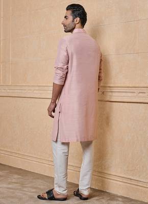 Buy elegant light pink silk men's kurta set with off-white pants 2