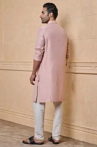 Buy elegant light pink silk men's kurta set with off-white pants