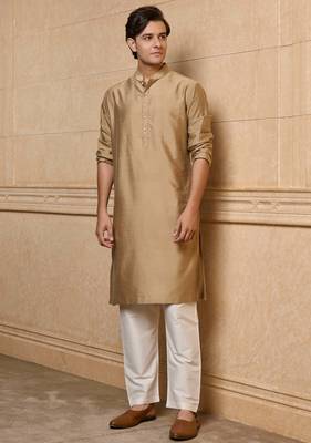 Buy elegant gold color silk men's kurta set with off-white pants 3