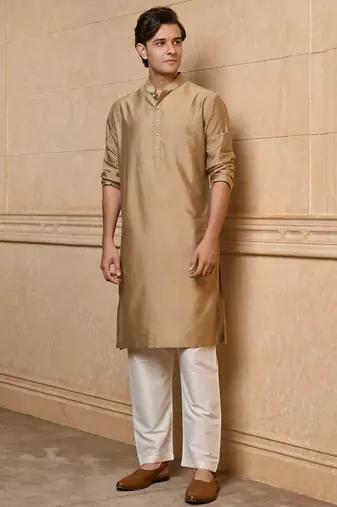 Buy elegant gold color silk men's kurta set with off-white pants