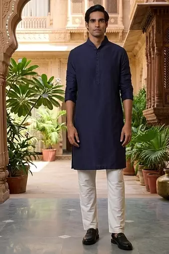 Buy elegant navy blue silk men's kurta set with off-white pants