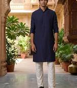 Buy elegant navy blue silk men's kurta set with off-white pants