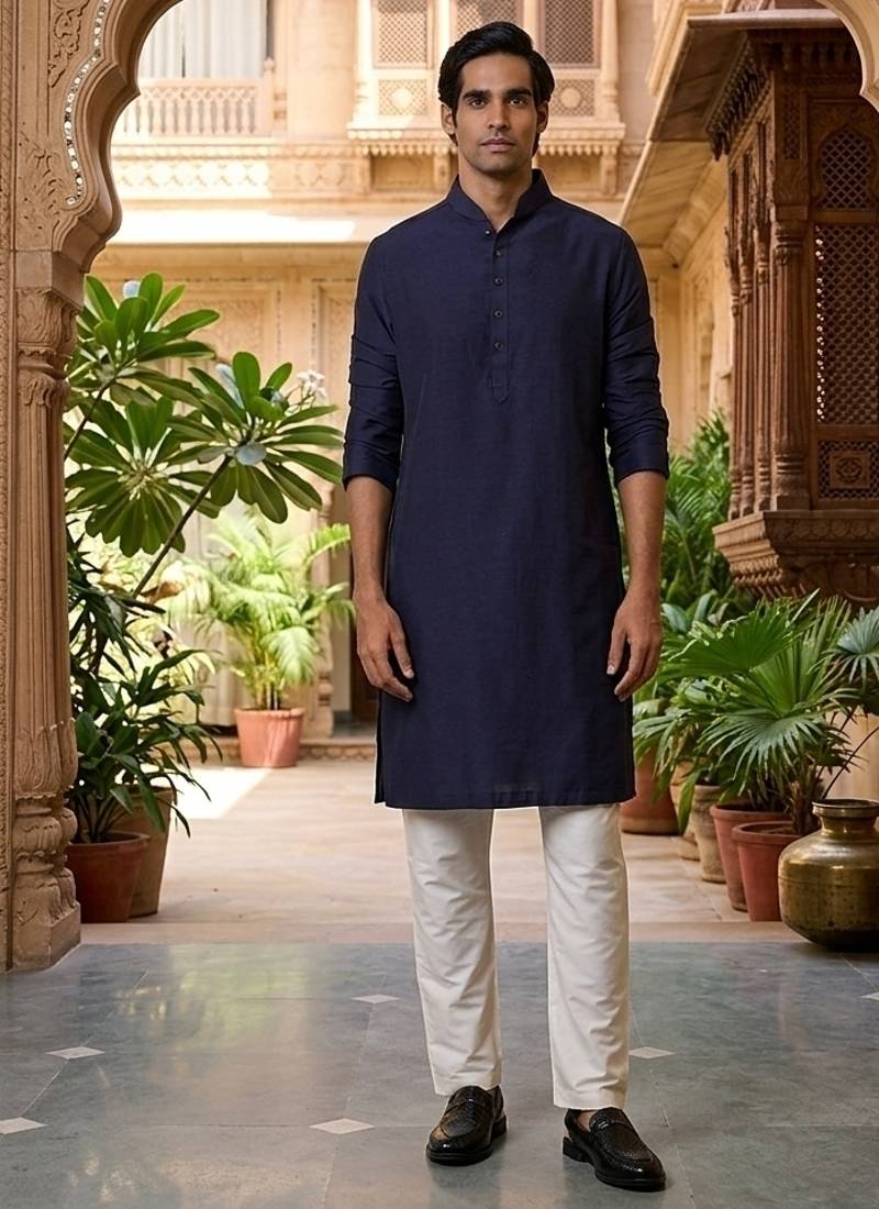 Buy elegant navy blue silk men's kurta set with off-white pants