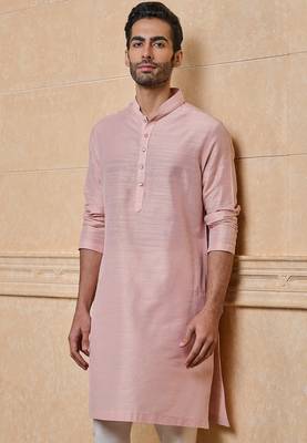 Buy elegant light pink silk men's kurta set with off-white pants 3