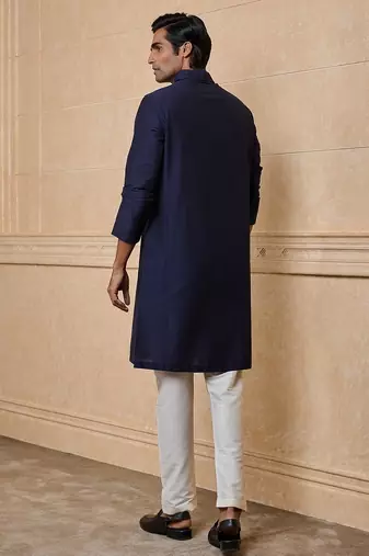 Buy elegant navy blue silk men's kurta set with off-white pants