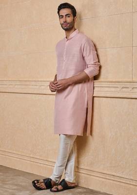 Buy elegant light pink silk men's kurta set with off-white pants 4