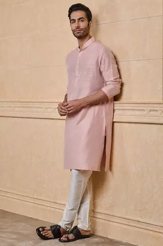 Buy elegant light pink silk men's kurta set with off-white pants