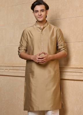 Buy elegant gold color silk men's kurta set with off-white pants 4