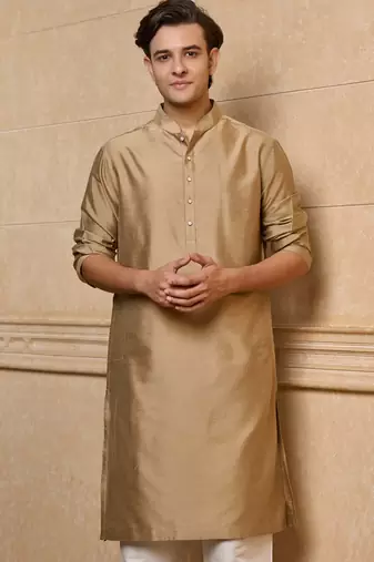 Buy elegant gold color silk men's kurta set with off-white pants