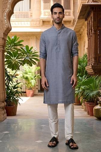 Buy elegant light grey silk men's kurta set with off-white pants