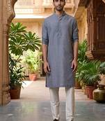Buy elegant light grey silk men's kurta set with off-white pants
