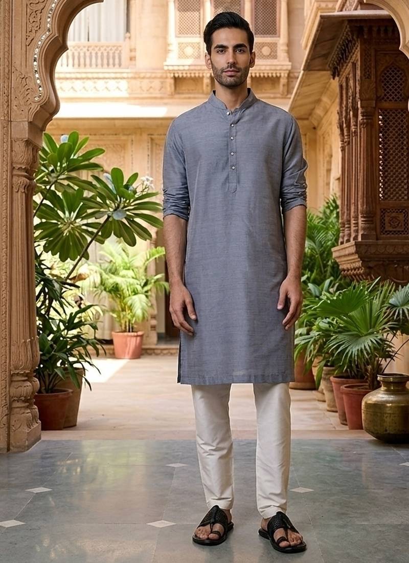 Buy elegant light grey silk men's kurta set with off-white pants