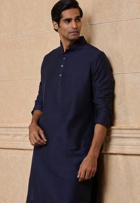 Buy elegant navy blue silk men's kurta set with off-white pants 3