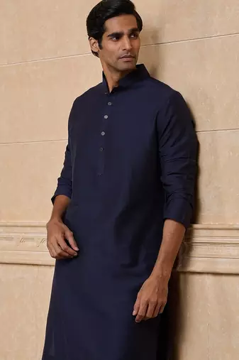 Buy elegant navy blue silk men's kurta set with off-white pants