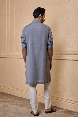 Buy elegant light grey silk men's kurta set with off-white pants 2
