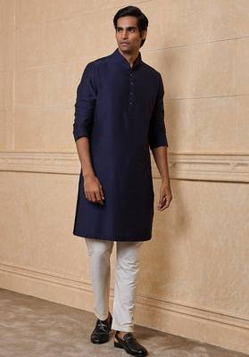 Buy elegant navy blue silk men's kurta set with off-white pants 4