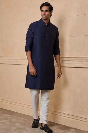 Buy elegant navy blue silk men's kurta set with off-white pants