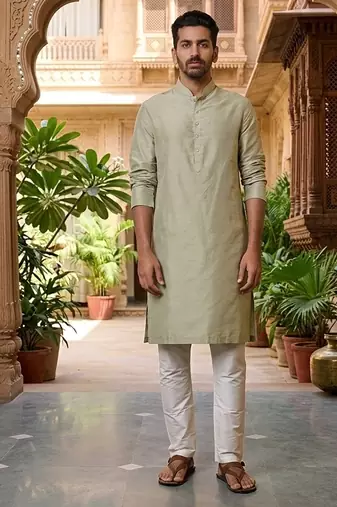 Buy elegant light green silk men's kurta set with off-white pants