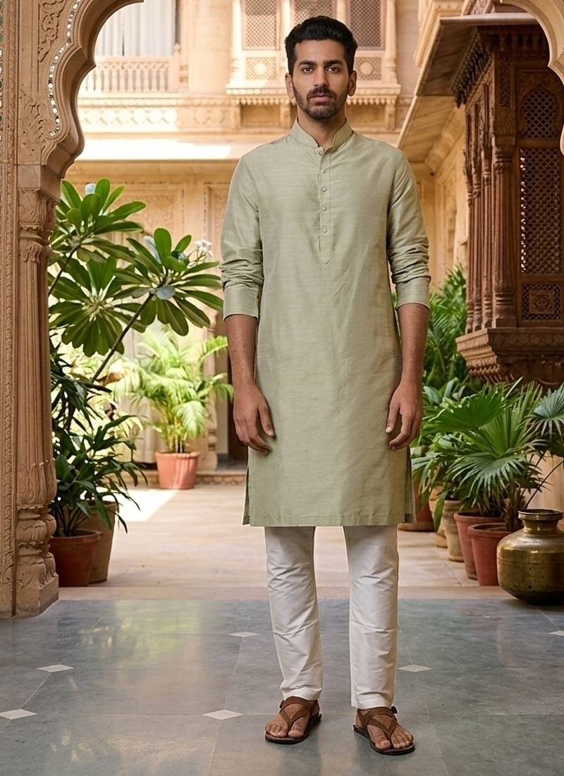 Buy elegant light green silk men's kurta set with off-white pants