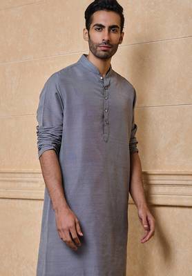 Buy elegant light grey silk men's kurta set with off-white pants 3